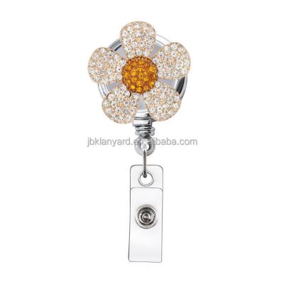 China ID Card Badge Holder Retractable 360 ​​Degree Badge Holder ID Card Holder Reel With Flower Rhinestone Clip Badge Reel for sale