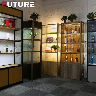 China Shop Standard Optical and Customized Metal Frame Display Rack Wine Cabinet Room Glass Shelf with Lock LED Light for sale