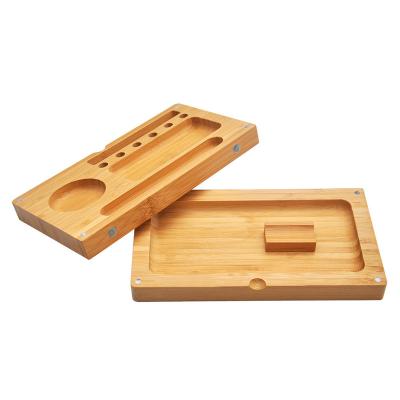 China Bamboo Rolling Tray Wholesale Multifunction Magnet Custom Logo Wooden Rolling Tray With Cigarette Rolling Lid for sale