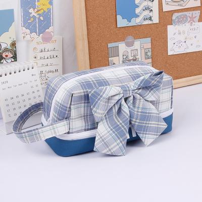 China Free Shipping Grid Bowknot Grid Pencil Case Large Capacity Custom Canvas Removable Pencil Case For Student for sale