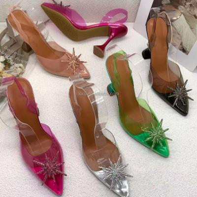 China Fashion Trend Ladies Luxury Sexy Custom Women's High Heels Shape PVC Female Shiny Buckle Drill Stiletto Heel Sandal Shoe for sale