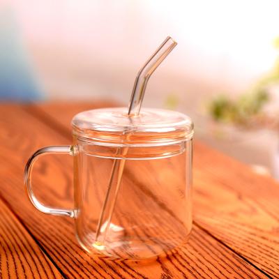 China 350ML Viable Glass Straw Cup With Lid And Transparent Heat Resistant Glass Straw Cup Coffee Mug for sale