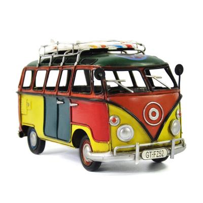 China Vintage Classic Home Decor Europe Bus Retro Home Decoration Accessories Bus With Surfboard 1:20 Scale Model for sale