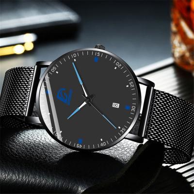 China Luxury Fashion Men's Automatic Date Business Watch Minimalist Quartz Wrist Watch Ultrathin Stainless Steel Mesh Belt Reloj Hombre for sale