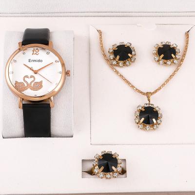 China Women Ladies Fashion Quartz Watch Rhinestone Ring Earring Necklace Decorative Round Three Piece Set and Three Piece Set for sale