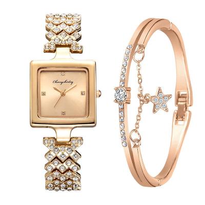 China Hot Sale 2pcs/set COMPASS Women Ladies Fashion Bling Bling Fully Diamond Iced Out Watch Luxury Quartz Wrist Bracelet Watches Gift Sets for sale