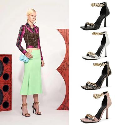 China Sexy Women's Toe Metal Buckle Golden Chain Fashion Trend Fashion Show Square Sandals Stunning High Heels for sale