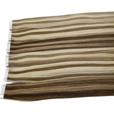 China Silky Straight Wave Ready To Ship Cuticle Natural Untouched Double Drawn Brown Tape In Hair Extensions PU Remy Highlight Color Te koop