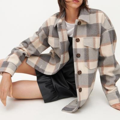 China 2021 viable new recycled polyester woven gray beige plaid striped women shacket with two flap pockets for sale