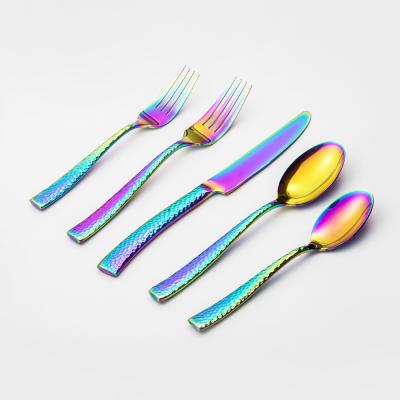 China Sustainable Rainbow Hammered Flatware Set, Forged Heavy Flatware For Wedding for sale