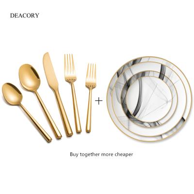 China Viable Wholesale Round Gold Rim Bone China Dish Stainless Steel Handle Flatware Set For Wedding for sale