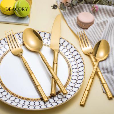 China Sustainable Wholesale Hand Forged Stainless Steel Gold Bamboo Wedding Restaurant Cutlery Set for sale