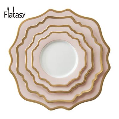 China Viable Wholesale Pink Gold Rim Wedding Porcelain Charger Scalloped Plates 12k 6.5/8.5/10.5/13 inch for sale