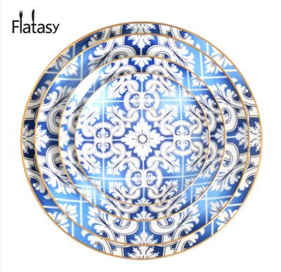 China Hot Sale 12k Viable Gold Rim Bone China Dish Blue Patterned Ceramic Charger Plates 6.5/8/10.5/12 Inches For Wedding And Home for sale