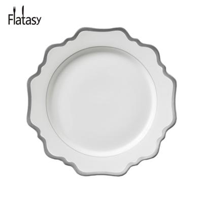 China Hot Selling Viable 6.5/8.5/10.5/13 inch White Gold Rim Porcelain Charger Dishes White Scalloped Floral Dishes For Wedding And Home for sale