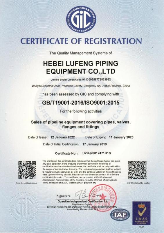 ISO9001:2015 - Hebei Lufeng Piping Equipment Co., Ltd.