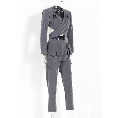 China 2022 New Y2K Anti-wrinkle Street Style Double Breasted Belt Coat Blazer With Ruffled Patchwork Pants Suit Women's Suit Suit for sale