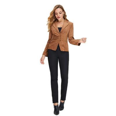 China latest Anti-wrinkle ladies suit styles spring autumn faux suede pleated waist single breast blazer for sale