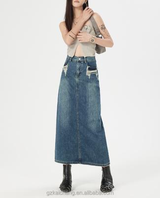 China Breathable High Waist Destruction Washed Denim Skirts Ladies Sand Long Skirt Split Womens Denim Skirt for sale