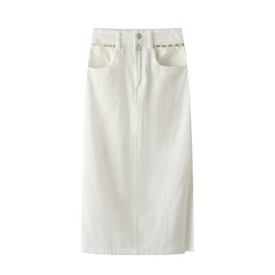 China Breathable Women Midi Skirt Mid Waist Fabric White Light Pearl Trim Casual Denim Ladies Skirt Back Slit for sale