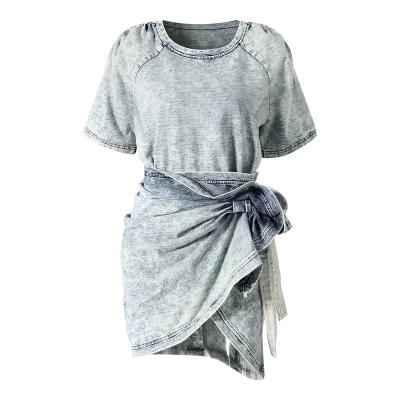 China Breathable Fashional Ladies Suit Knit Washable Asymmetrical Denim Skirt And T-shirt Set Denim Two Piece Clothing for sale