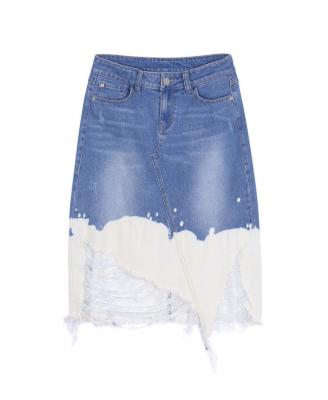 China Plus Size Fashionable Tie Dye White Denim Womens Skirts Ripped Denim To Skirt Long Pencil Skirts Womens for sale