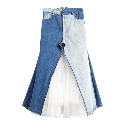 China Breathable white mesh fabric with street washed casual women's skirt lattice girls falfalda denim skirt for sale