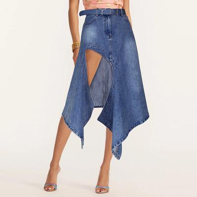 China New Breathable Autumn Ladies Washed Irregular Side Slit Midi Long Denim Skirt High Split Sexy Designer Denim Skirt Denim Bare Leg Skirts for sale