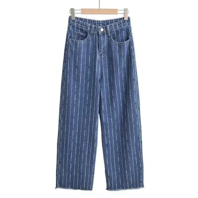 China Raw Length Women's Raw Floor Length Women's Stripe Wide Leg Pants Wide Leg Pants Edge Jeans for sale