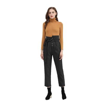 China Breathable Dark Gray Asymmetrical Stripe High Wait Ladies Wool Pants Bag Waistband Loose Cargo Bootcut Casual Trousers For Women for sale