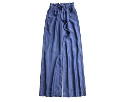 China Comfortable Loycell Summer Women Leg Pants Dark Blue Elastic Wide Waist Breathable Casual Denim Pants for sale