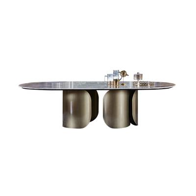 China Modern luxury agglomerated round stone dinner table set high quality style stainless steel wedding gold silver metal dining sets for sale