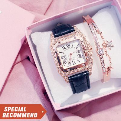 China 2022 Hot Selling Small Three Needle Women Watch Ladies Fashion Leather Bracelet Square Diamond Quartz Wrist Bracelet Watches Gift Set for sale