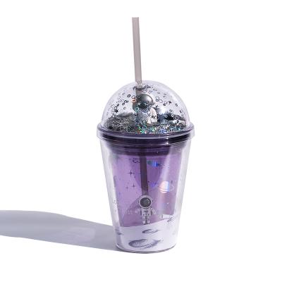 China BPA free high quality bling bling plastic cup viable space travel double wall straw drinks cup for sale