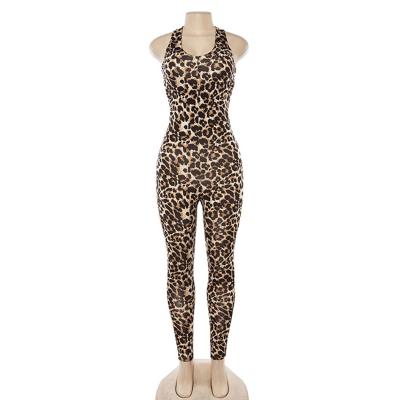 China Anti-pilling Women's QUICK DRY Elastic Waist Leopard Fitness Basic Overalls for sale