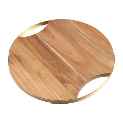 China Sustainable Acacia Wood Cutting Board With Steel Handle In Double Circle Handle Wood Cheese Board for sale