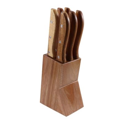 China 6pcs Disposable Stainless Steel Steak Knife Set Blade Wooden Handle Serrated Steak Knife With Wooden Knife Block Set for sale