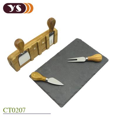 China Sustainable gift set slate cheese board set with wooden holders and magnet knives for sale