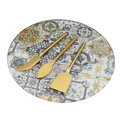 China Cheese Viable Printed Glass Board With 3pcs Gold Cheese Tools for sale