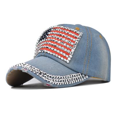 China 6-Panel Hat Wholesales Denim Hats American Flag Snapback Bling Bling Hat Sports Hat Rhinestone Baseball Caps for sale