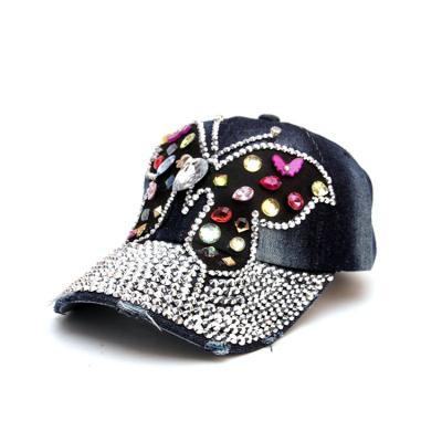 China Fashion 6 Butterfly Rhinestone Sports Handmade Hats New JOINT Women's Baseball Caps Denim Outdoor Panel Hat for sale