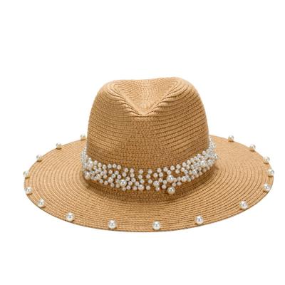 China Custom Wide Women Straw Hat Summer Beach Brim Panama Hat Pearl Decoration Beach Fashion for sale