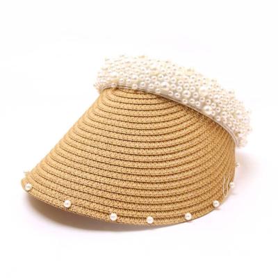 China Fashion Pearl Striped Decoration Straw Visor Hat For Women Brimming Off Summer Beach Blank Top Hats for sale