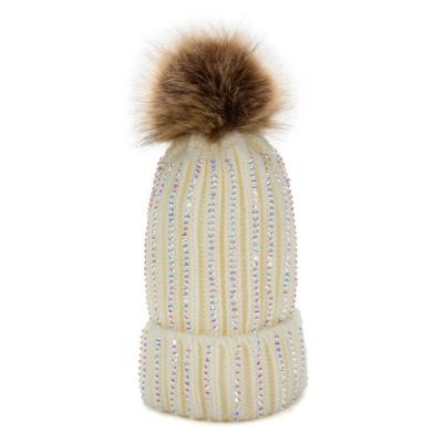 China Autumn Winter Rhinestone Knitted Hat COMMON Pompom Warm Hat For Women Custom Bling Acrylic Beanie Hats for sale