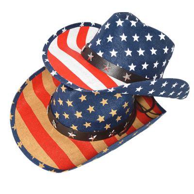 China Bulk High Quality Cowboy Hats Wide Brim Straw Hats Party Jazz Sombreros Handmade European and American Style American Flag Printing for sale