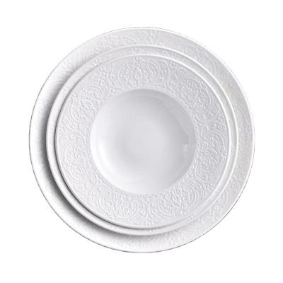 China Sustainable Luxury Hotel Luxury Fine Relief Dinner Set China Factory Factory White Ceramic Dinnerware Dish for sale