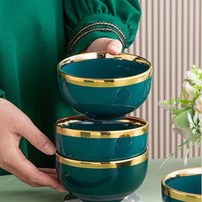 China Wholesale Cheap Nordic Ceramic Stock Kitchenware Meal Stocked Gold Edge Blue Bowl for sale