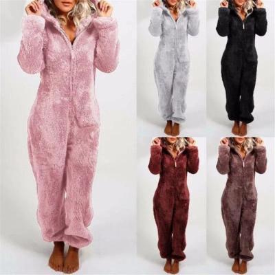 China Cute Fluffy Winter Fleece Overalls Sleepwear QUICK DRY Warm Women Pajamas Overall Plus Size Hooded One Piece Pajamas For Adults for sale