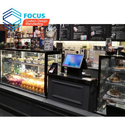 China Custom Cafe Retail Store Factory Coffee Wall Display Rack Counter Design Cake Shop Bakery Tempered Glass Display Counter for sale