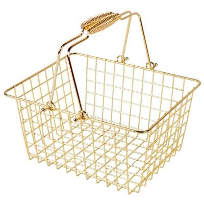 China Mini Shopping Basket Gold Shopping Basket Cosmetic Basket Mesh Wire Two Handle Carry Metal Environmental Friendly Shopping Basket for sale